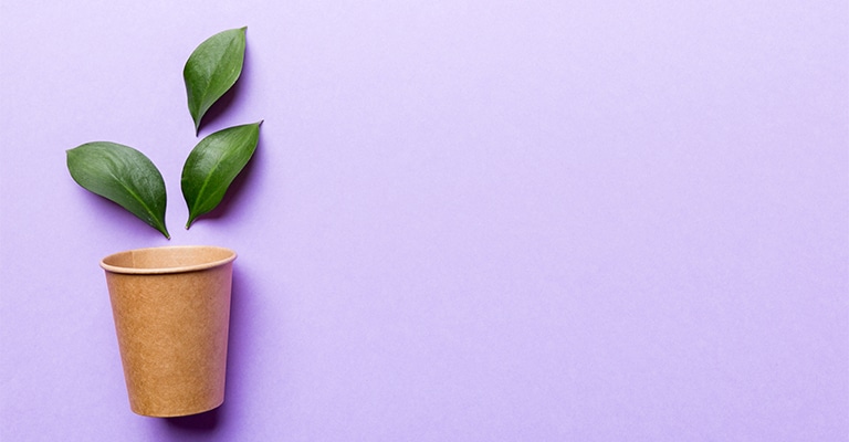 Brown paper coffee cup with three green leaves rising above it against a soft purple background. The minimalist design suggests sustainable coffee through eco friendly packaging and a connection to natural materials.